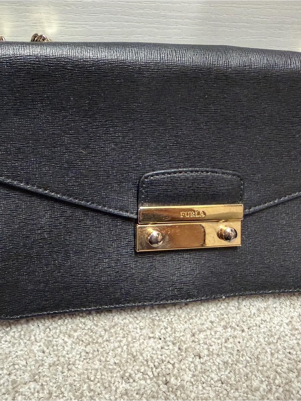 Furla Black Saffiano Leather Wristlet with Gold-Tone Lock